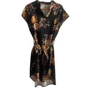 Floral Blue sleeveless Dress with tie belt 1X women’s EUC